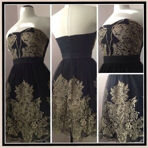Elegant Black and Gold Lace Strapless Dress